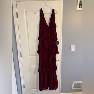 Lulu's ‘Mesmerizing Essence Burgundy Pleated Backless Tiered Maxi Dress’